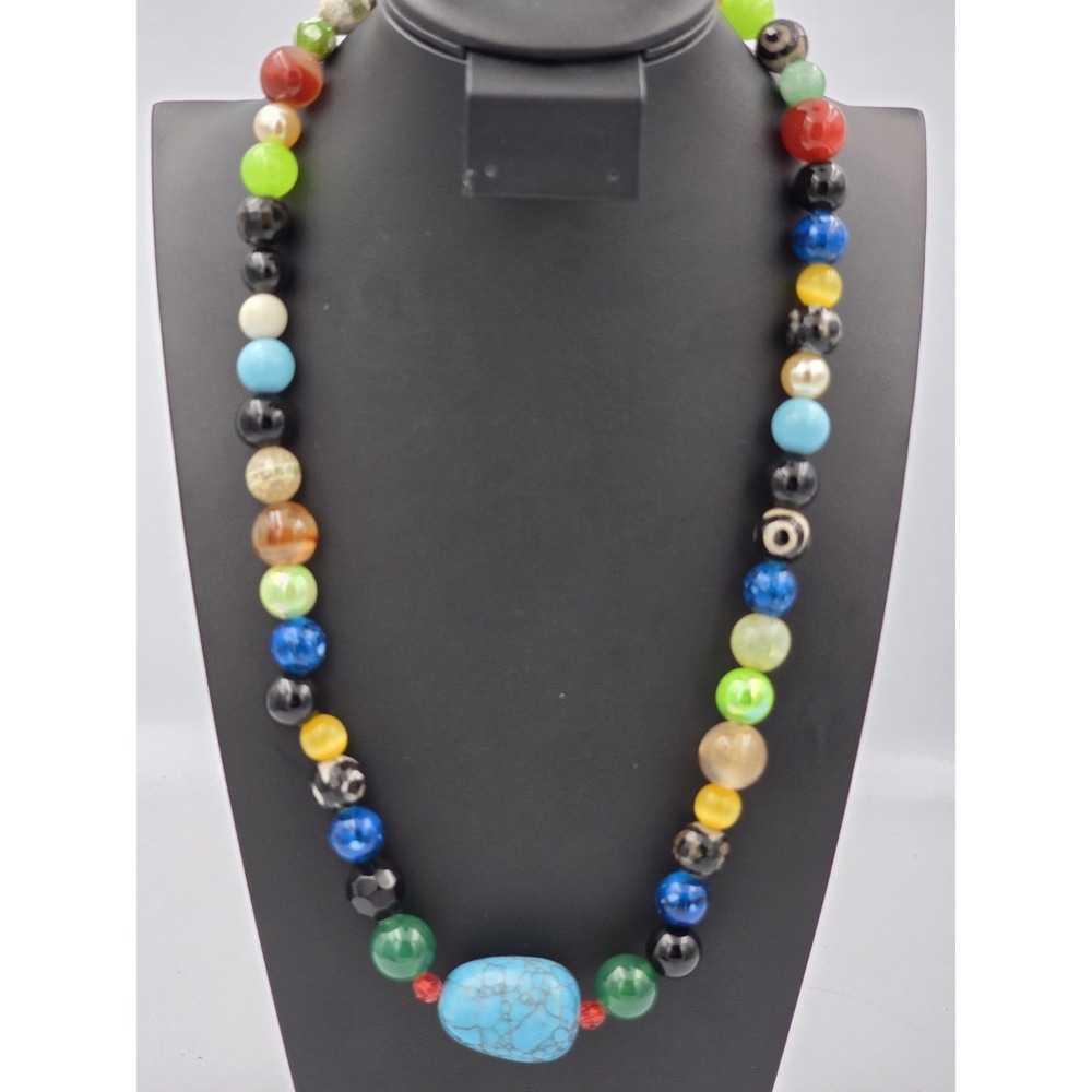 Colorful Multi Gem Stone Beaded Necklace Turquoise Style Center Bead - Picture 12 of 12